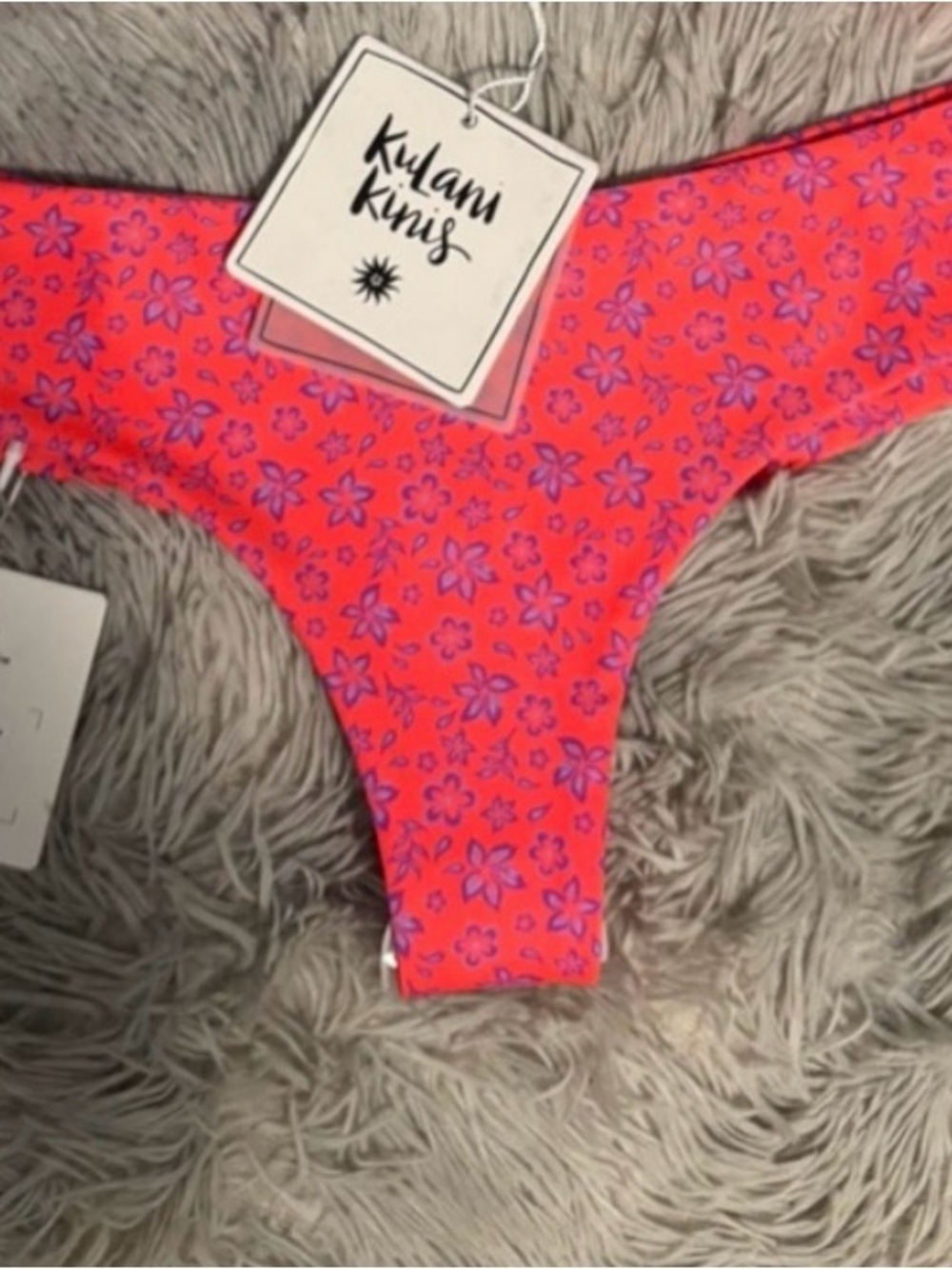 Kulani Kinis Neon Coral Bikini Bottom with Purple Floral Print